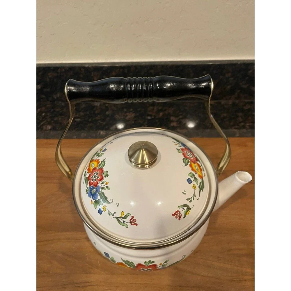 Vintage Asta Cookware Enamelware teapot with wood handle